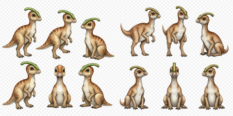 Cute baby Parasaurolophus dinosaurs in various poses, isolated on a transparent background, prehistoric creatures illustration. © Ytaja
