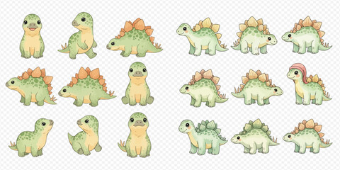 Set of cute watercolor baby dinosaur illustrations, adorable prehistoric creatures in various poses, perfect for children's designs and playful themes. © Ytaja