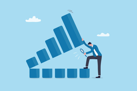 Analyze graph or chart datum for insight information, research or investigate for data transparency, statistic inspection, trend analysis, businessman analyze open bar chart with magnifying glass.