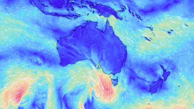 Australia map shows direction of wind currents. Formation of monsoon storms weather forecast