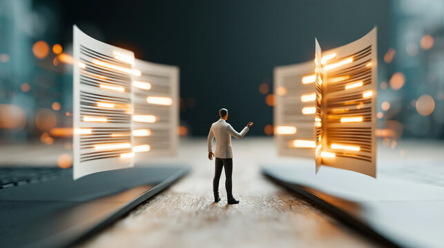 Business leadership concept futuristic manager standing between glowing data sheets portraying