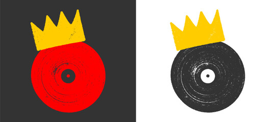 King crown music vinyl record chalk doodle. Hand drawn audio disc shape decorated with royal leader tiara emblem for creative retro sound emblem branding and club print element layout clip art. © dirtyfellas