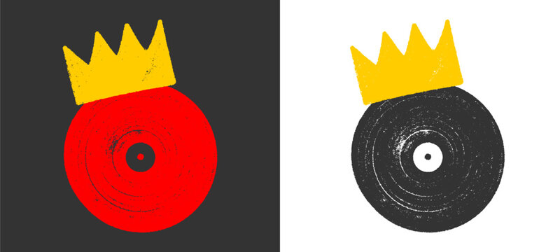 King crown music vinyl record chalk doodle. Hand drawn audio disc shape decorated with royal leader tiara emblem for creative retro sound emblem branding and club print element layout clip art.