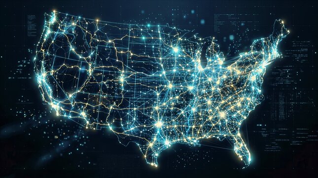 Digital Network Map of the United States with Glowing Connections