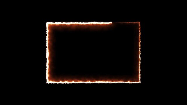 Fire neon light rectangle frame loop animated background. Burning neon lights frame box animation seamless loop with alpha channel. Fire line glowing rectangle border 4k motion graphics video.