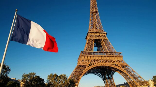 French flag waving in the wind with iconic eiffel tower background, in paris, france, travel and tourism, landmark concept