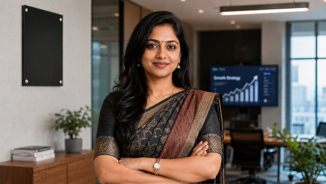Confident Indian Businesswoman in Traditional Saree Standing in Modern Office