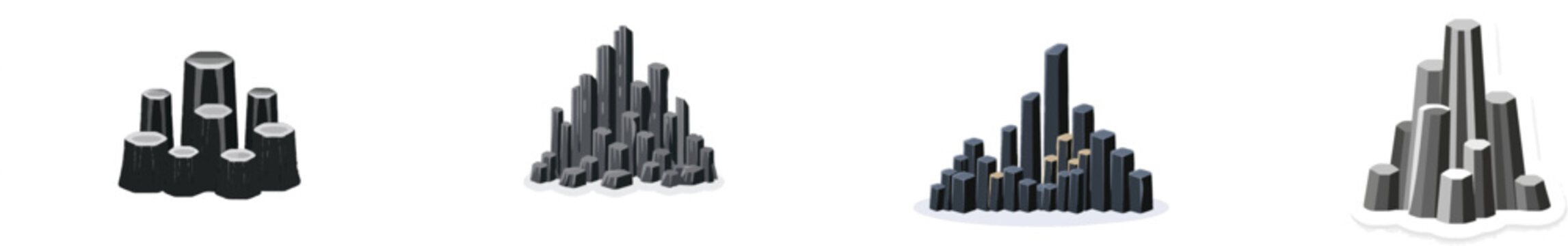 A minimalist illustration depicts hexagonal black basalt columns of varying heights, set against a clean white background