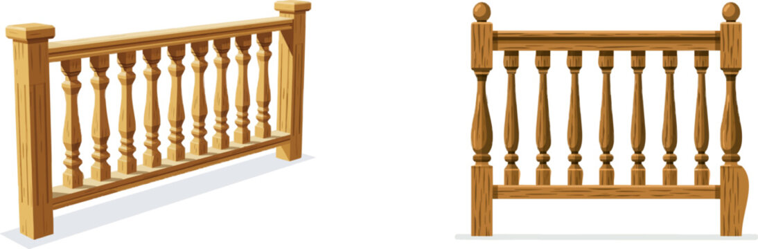 The elegant wooden balustrade features beautifully turned geometric spindles and smooth handrail, set against a clean white background