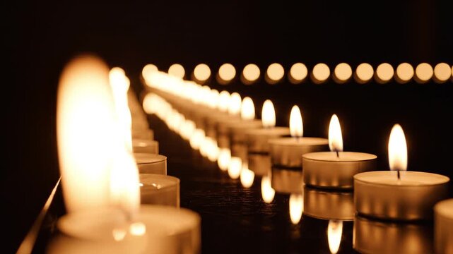 Burning tea light candles flickering on a dark reflective surface.