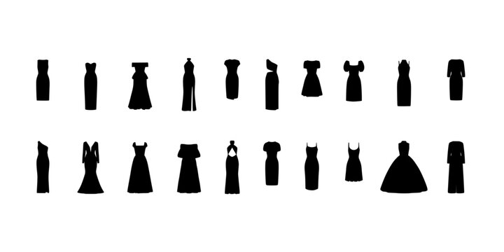 Dresses in Various Styles and Designs Shown as Silhouettes Featuring Black, Fashion, Clothing with Formal and Casual Elements for Evening, Cocktail