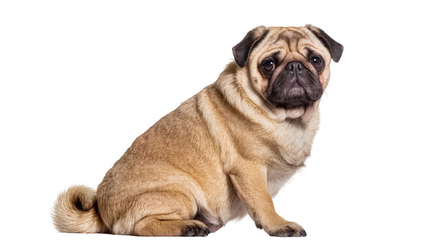 Fawn pug dog sitting looking forward, studio shot