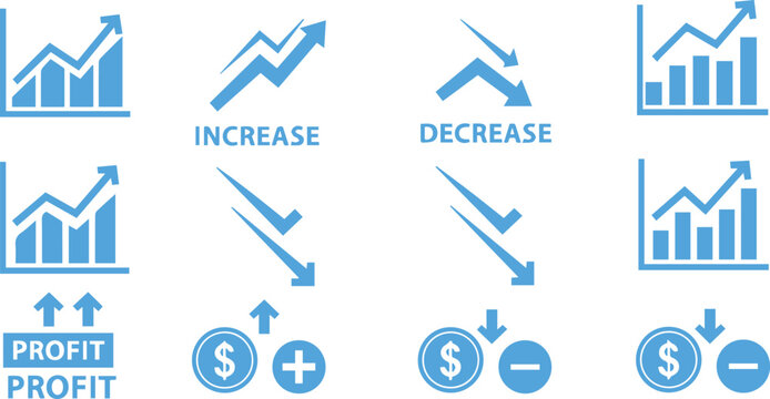 Financial growth and decline icon collection featuring currency symbols and business charts business increase decrease investment accounting management statistics analysis currency corporate