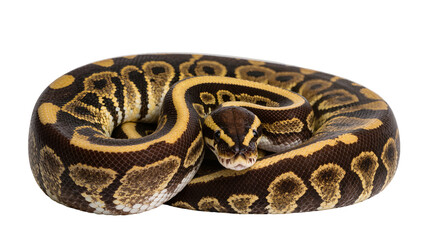 Fototapeta premium Ball Python coiled with dark brown and yellow patterns