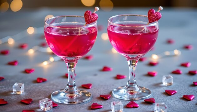 Elegant Romantic Cocktails with Heart Decorations and Soft Bokeh