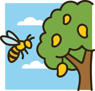Cute cartoon bee flying towards mango tree with ripe fruits, blue sky background
