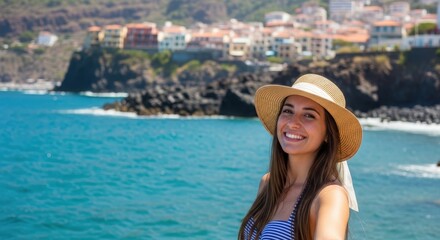 Fototapeta premium Woman enjoying summer swim in coastal Mediterranean town.