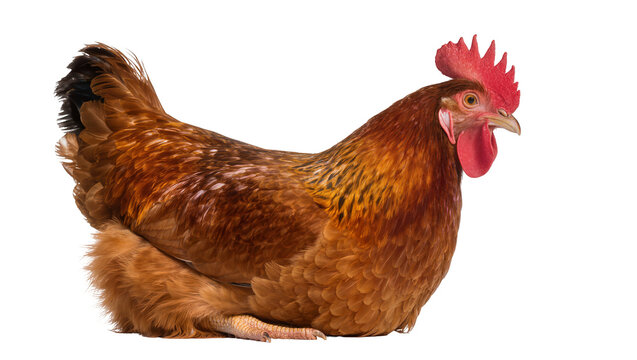 Brown hen with red comb and wattles sitting down