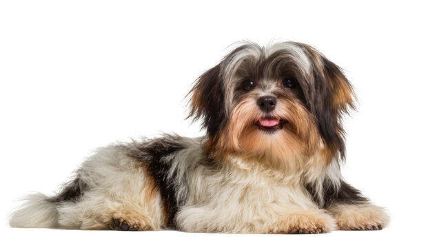 Long-haired tri-color dog lying down with tongue out