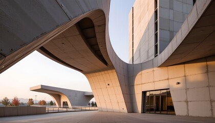 Fototapeta premium Futuristic Concrete Architecture Bathed Sunrise Light