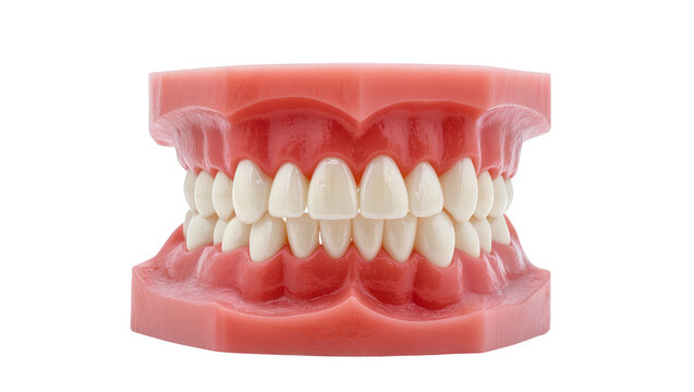Dental model showing upper and lower jaw with white teeth and pink gums
