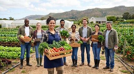 Fototapeta premium Diverse agricultural professionals standing together on organic farm, led by confident female farm manager holding fresh vegetables, with farmers and specialists in sustainable farming environment.