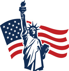 Statue of Liberty with waving American flag. © Joy