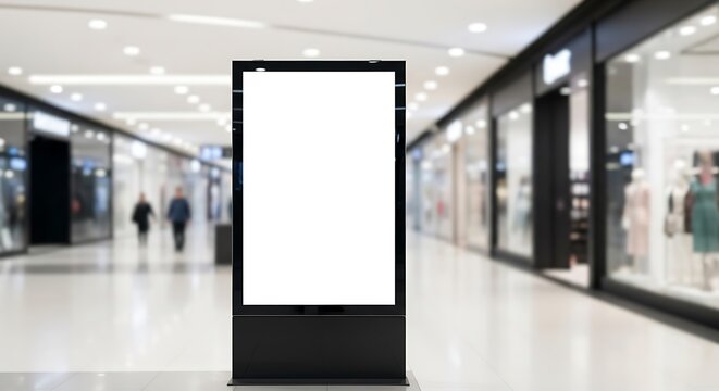 A vertical blank advertising display stands inside a modern shopping mall with blurred shops
