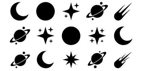 A celestial scene depicts various space objects including moons, planets, stars, and comets floating in a dark universe. © Dhani