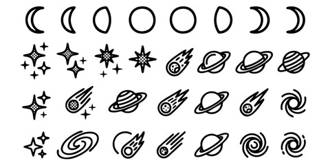 Astronomical symbols depict various celestial bodies and phases in space. © Dhani
