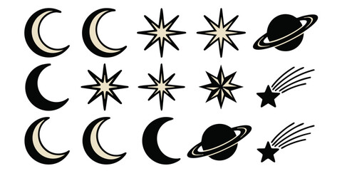 Obraz premium Astronomical illustration of celestial bodies including crescent moons orbiting planets with shooting stars and exploding stars in space.
