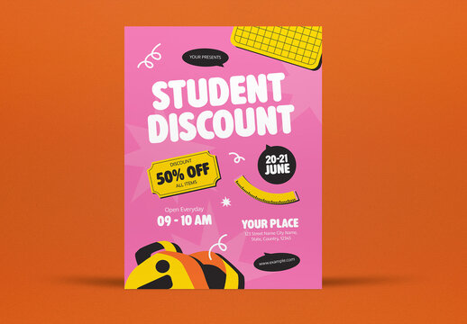 Pink and Yellow Flat Design Student Discount Flyer