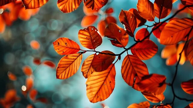 Orange beech leaves contrast against teal forest bokeh. Ideal for autumn themed designs, backgrounds, nature concepts, and seasonal marketing.