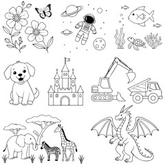 Obraz premium Coloring page for kids with space and animal themed illustrations coloring astronaut elephant