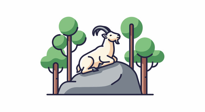 Mountain goat rests on a rock between stylized trees