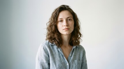 Obraz premium Portrait of cheerful woman in casual blue denim shirt outdoors.