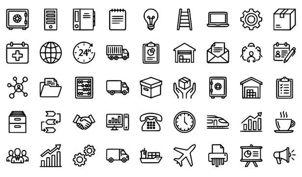 Black Outline Business Operations and Logistics Icons Pack with Safe Office Building and Warehouse Symbols