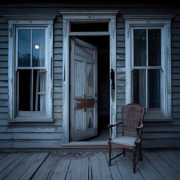 Fachada de casa de madera abandonada por la noche con una puerta entreabierta y una silla antigua en el porche