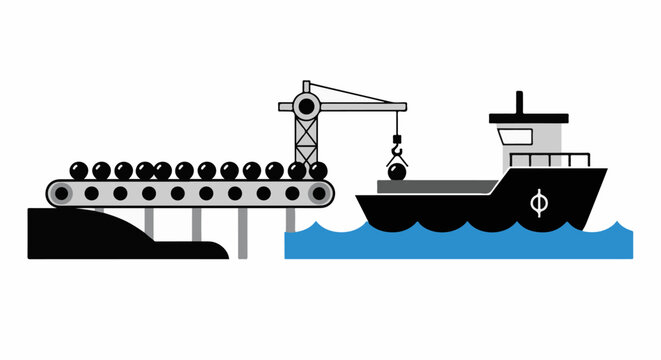 Conveyor belt moves black balls onto crane to load onto ship