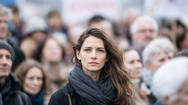 Focused woman standing among crowd during public demonstration or rally