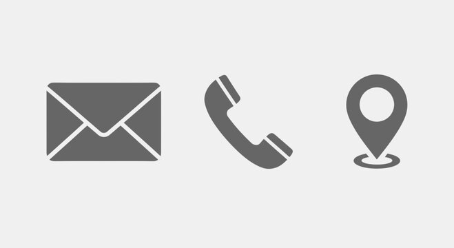 Contact icons: email, phone, location pin. Simple, clean vector graphics on light gray background.