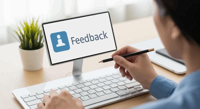 Person giving feedback on computer screen with feedback icon.
