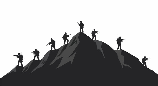 Silhouetted soldiers with rifles stand atop a rugged, dark mountain peak