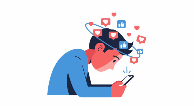Person engrossed in phone, surrounded by social media notifications