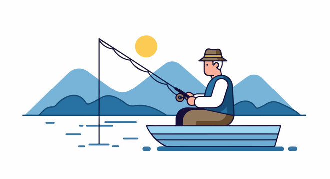 Person in hat fishes from boat on a lake with mountains and sun in background