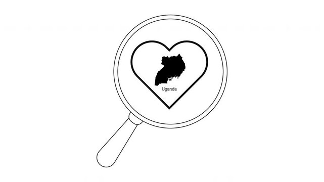 Magnifying glass over heart shape with Uganda map inside, love for Uganda concept.
