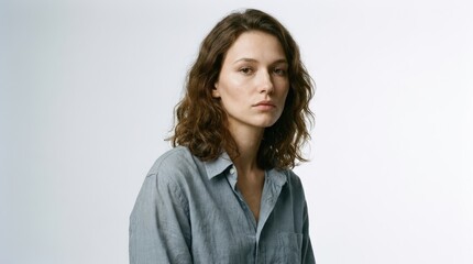 Obraz premium Young woman with curly hair wearing denim shirt indoors.