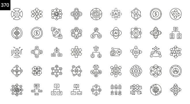 Set of outline icons for business finance technology and abstract data science concepts.