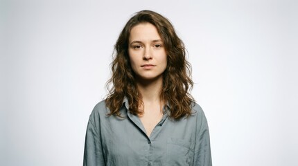 Obraz premium Young woman with curly hair looking thoughtfully into the camera.