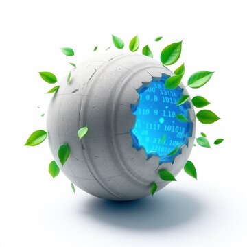 Globe shows digital code emerging, surrounded by vibrant green leaves. Symbolizes technology, nature, growth, sustainability concepts.